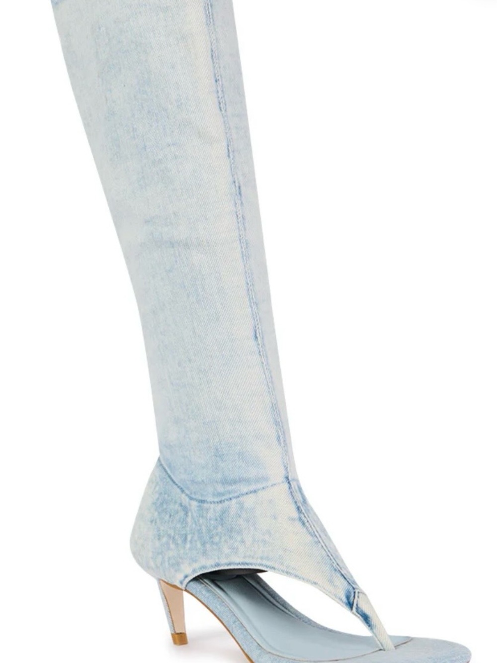 Light Wash Denim Thong Heeled Boots - Pale Blue